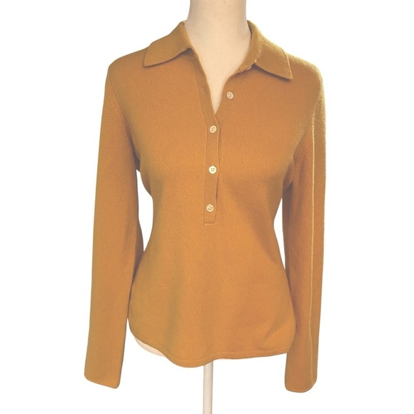 Sutton Studio 1/2 Buttoned 100% Cashmere Sweater Size M Mustard Quiet Luxury - Picture 1 of 8